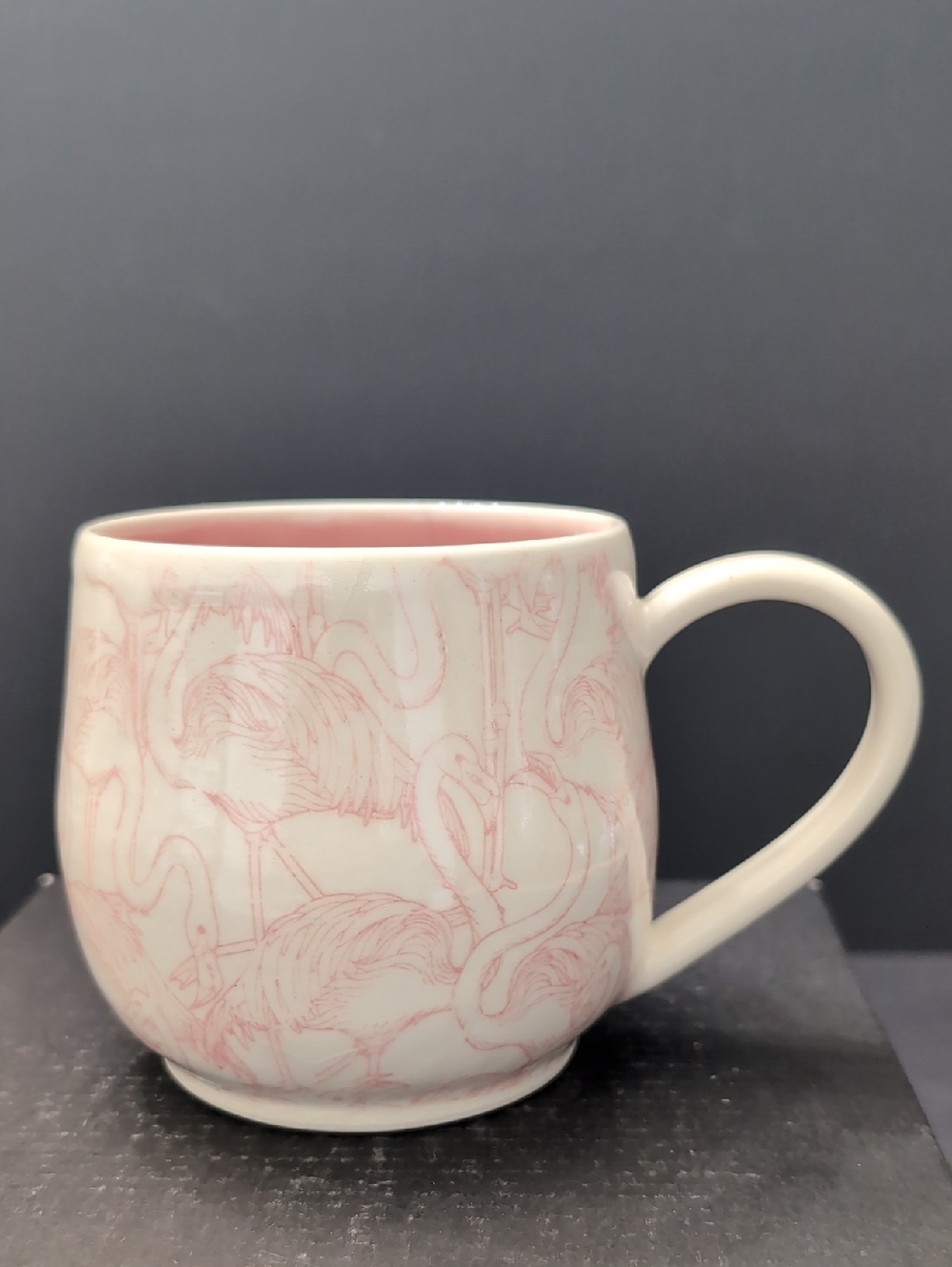 L.Dyck Pink/Cream Pottery Mug With Flamingo Design.
